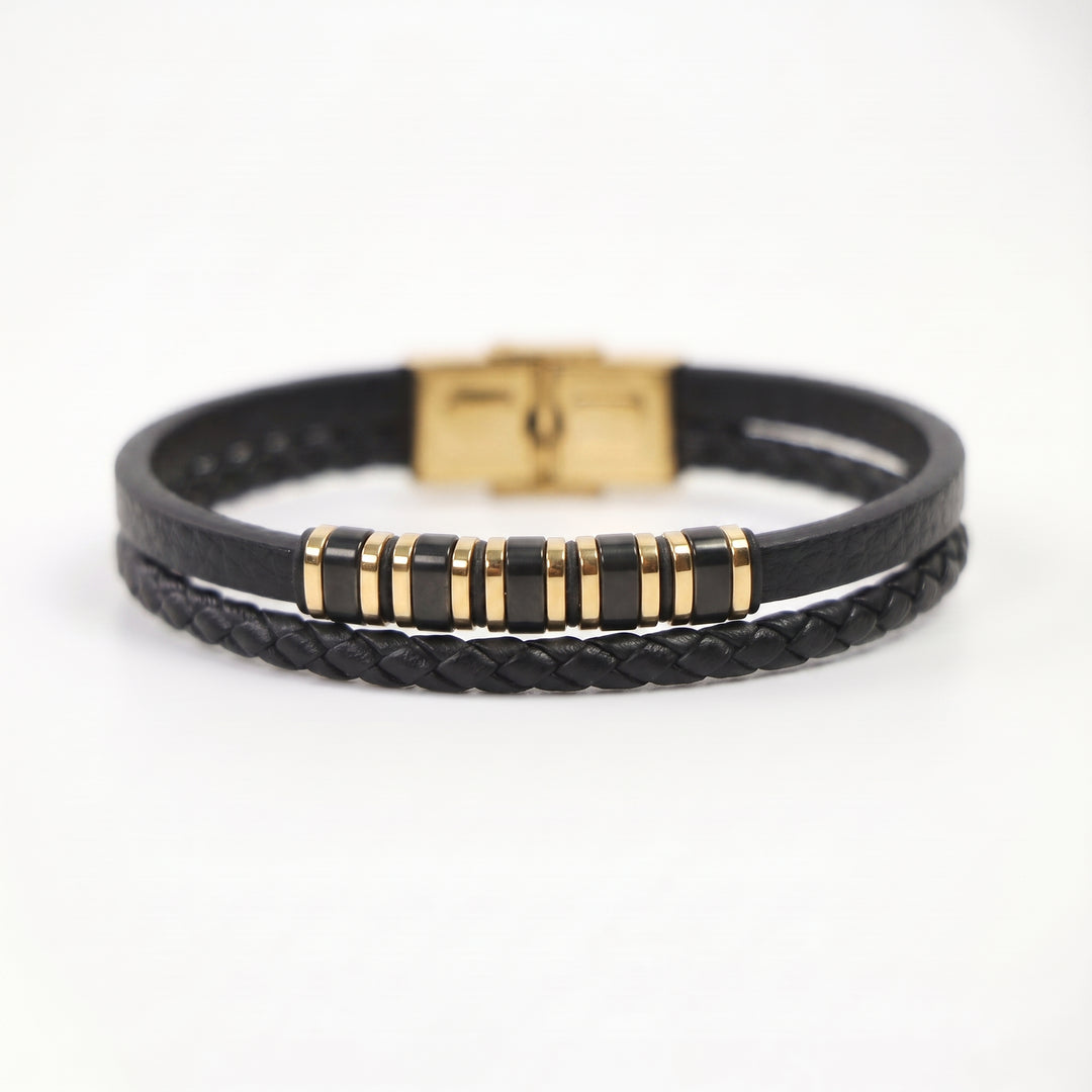 Delemon featuring a dual-strand black leather bracelet with alternating gold and black metal ring
