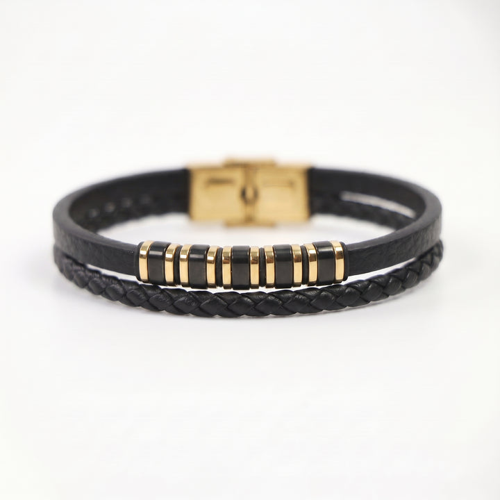 Delemon featuring a dual-strand black leather bracelet with alternating gold and black metal ring