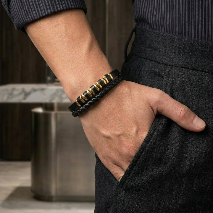 Delemon featuring a dual-strand black leather bracelet with alternating gold and black metal ring