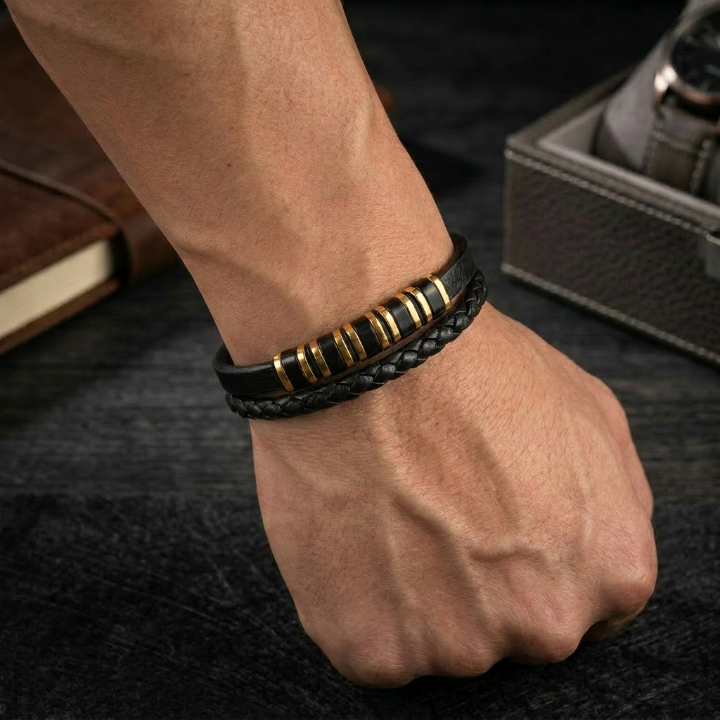 Delemon featuring a dual-strand black leather bracelet with alternating gold and black metal ring