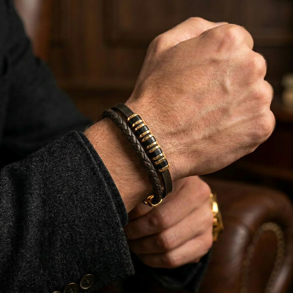 Delemon featuring a dual-strand black leather bracelet with alternating gold and black metal ring