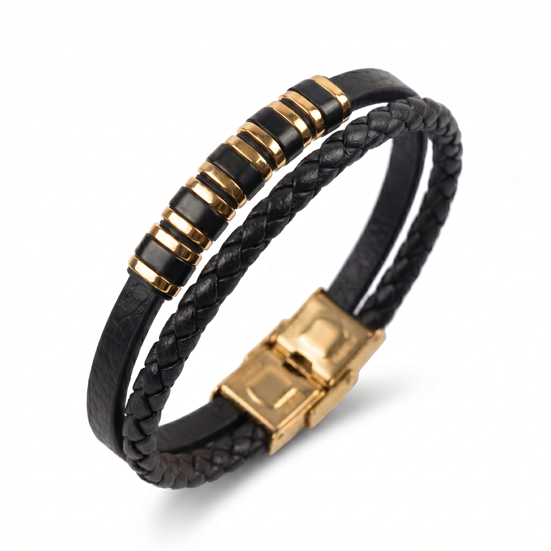 Delemon featuring a dual-strand black leather bracelet with alternating gold and black metal ring
