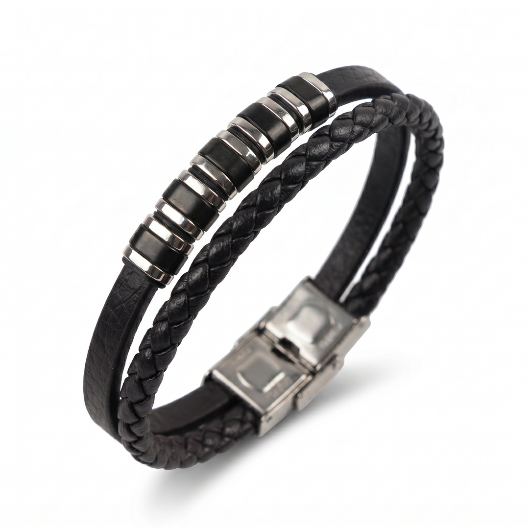 Delemon featuring a dual-strand black leather bracelet with alternating silver and black metal ring