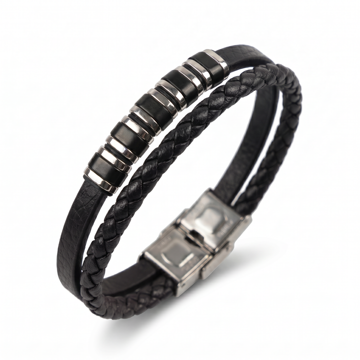 Delemon featuring a dual-strand black leather bracelet with alternating silver and black metal ring