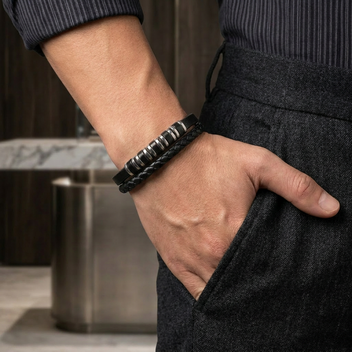 Delemon featuring a dual-strand black leather bracelet with alternating silver and black metal ring