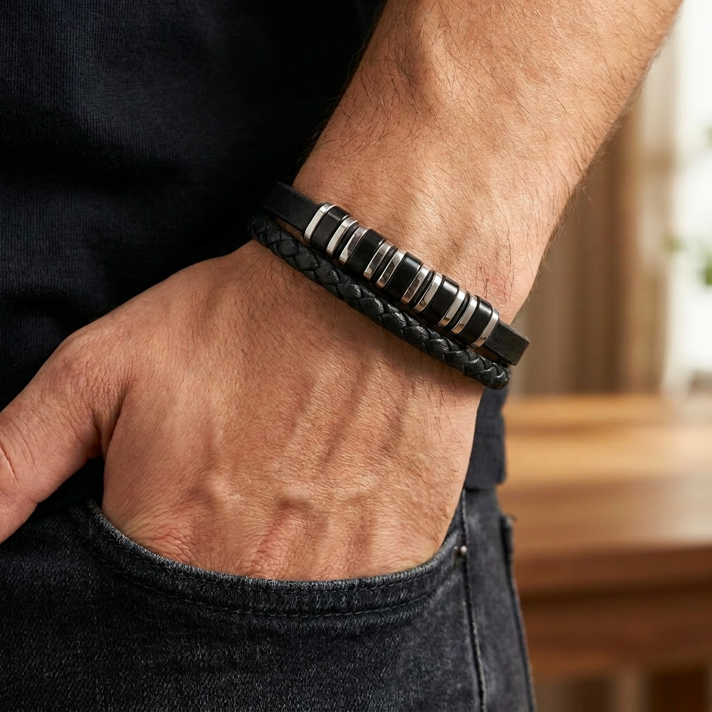 Delemon featuring a dual-strand black leather bracelet with alternating silver and black metal ring