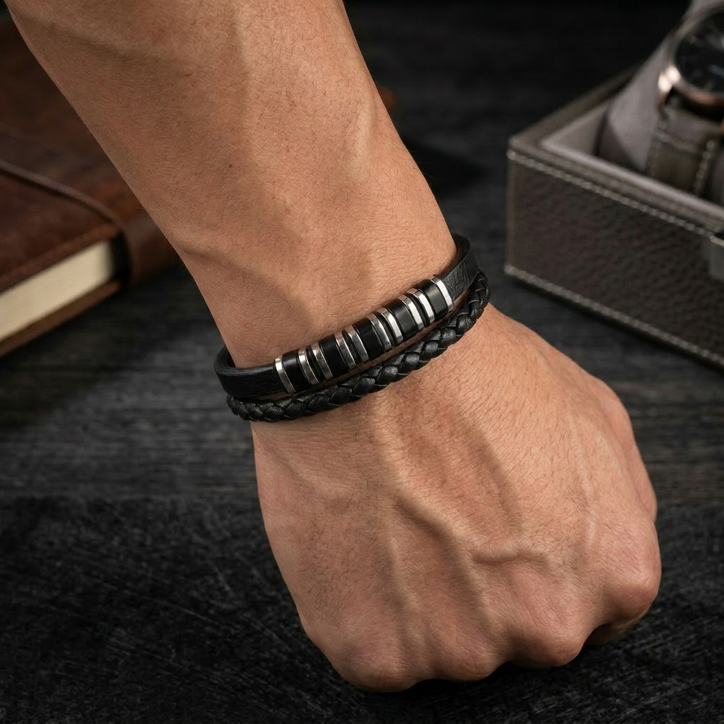Delemon featuring a dual-strand black leather bracelet with alternating silver and black metal ring
