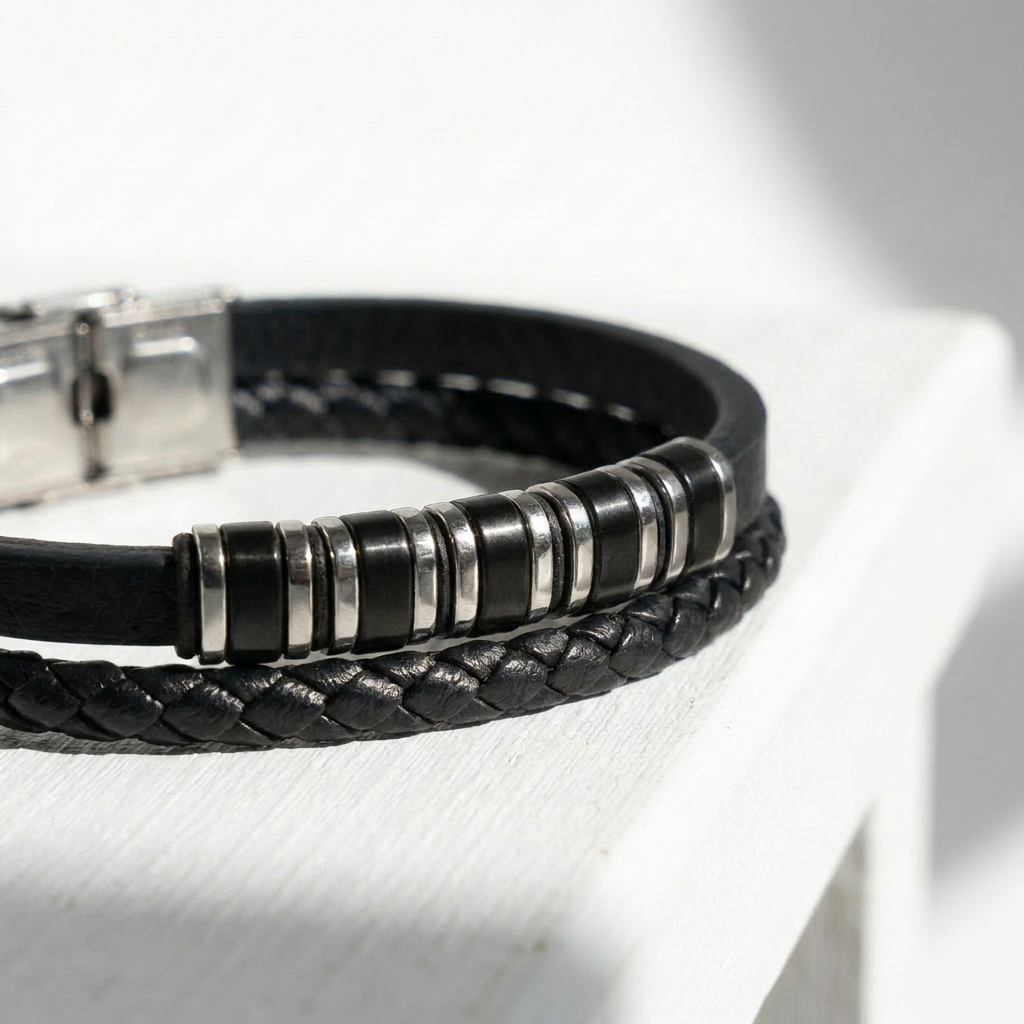 Delemon featuring a dual-strand black leather bracelet with alternating silver and black metal ring