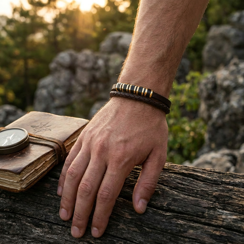 featuring a dual-strand brown leather bracelet with alternating gold and black metal ring