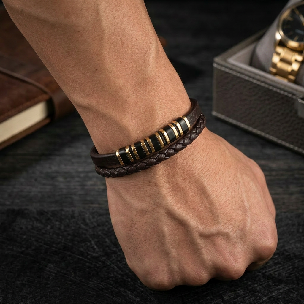 featuring a dual-strand brown leather bracelet with alternating gold and black metal ring