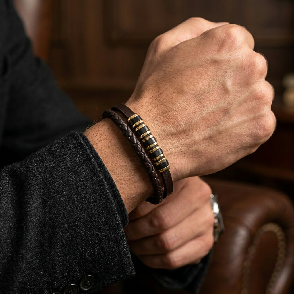 featuring a dual-strand brown leather bracelet with alternating gold and black metal ring