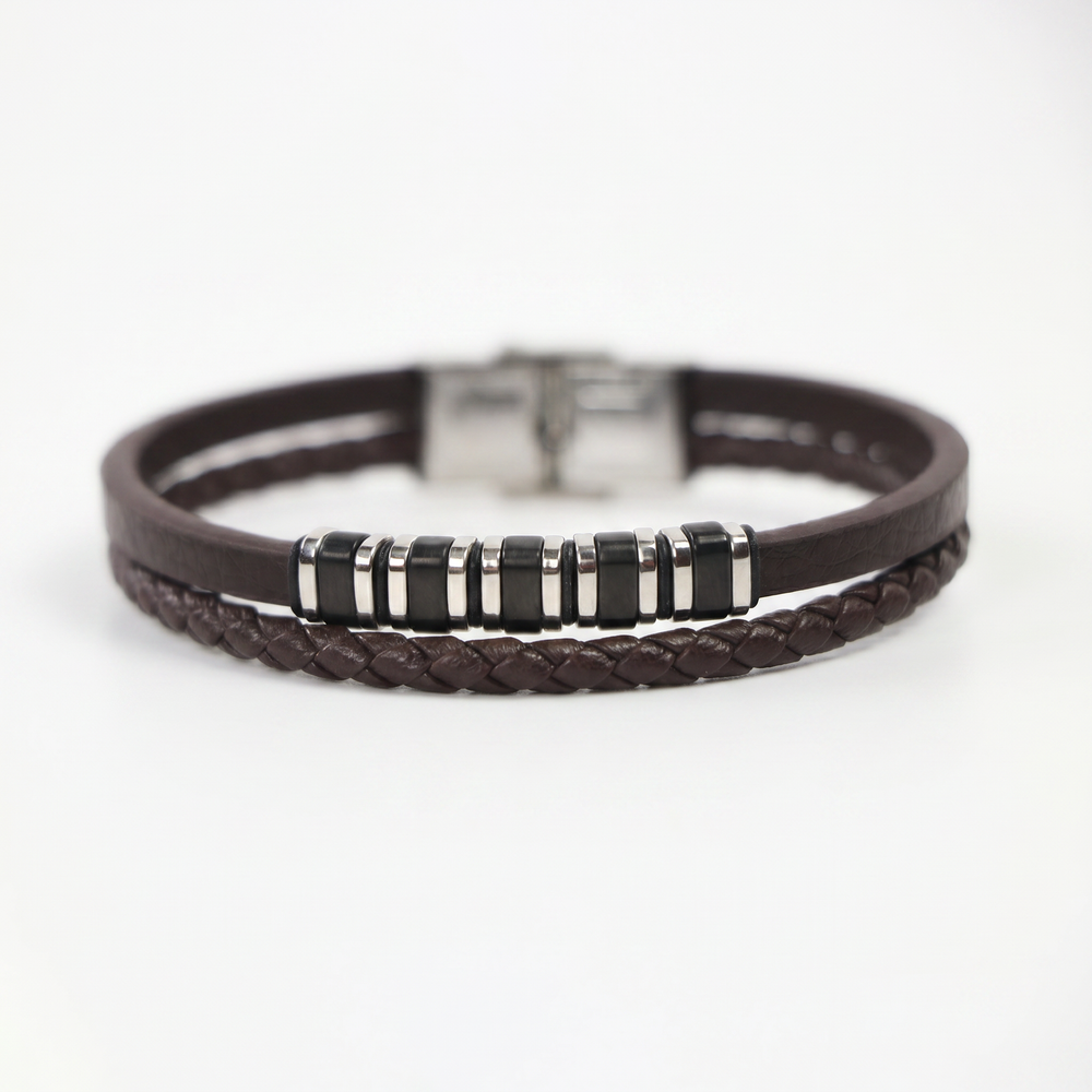 Delemon featuring a dual-strand brown leather bracelet with alternating silver and black metal ring