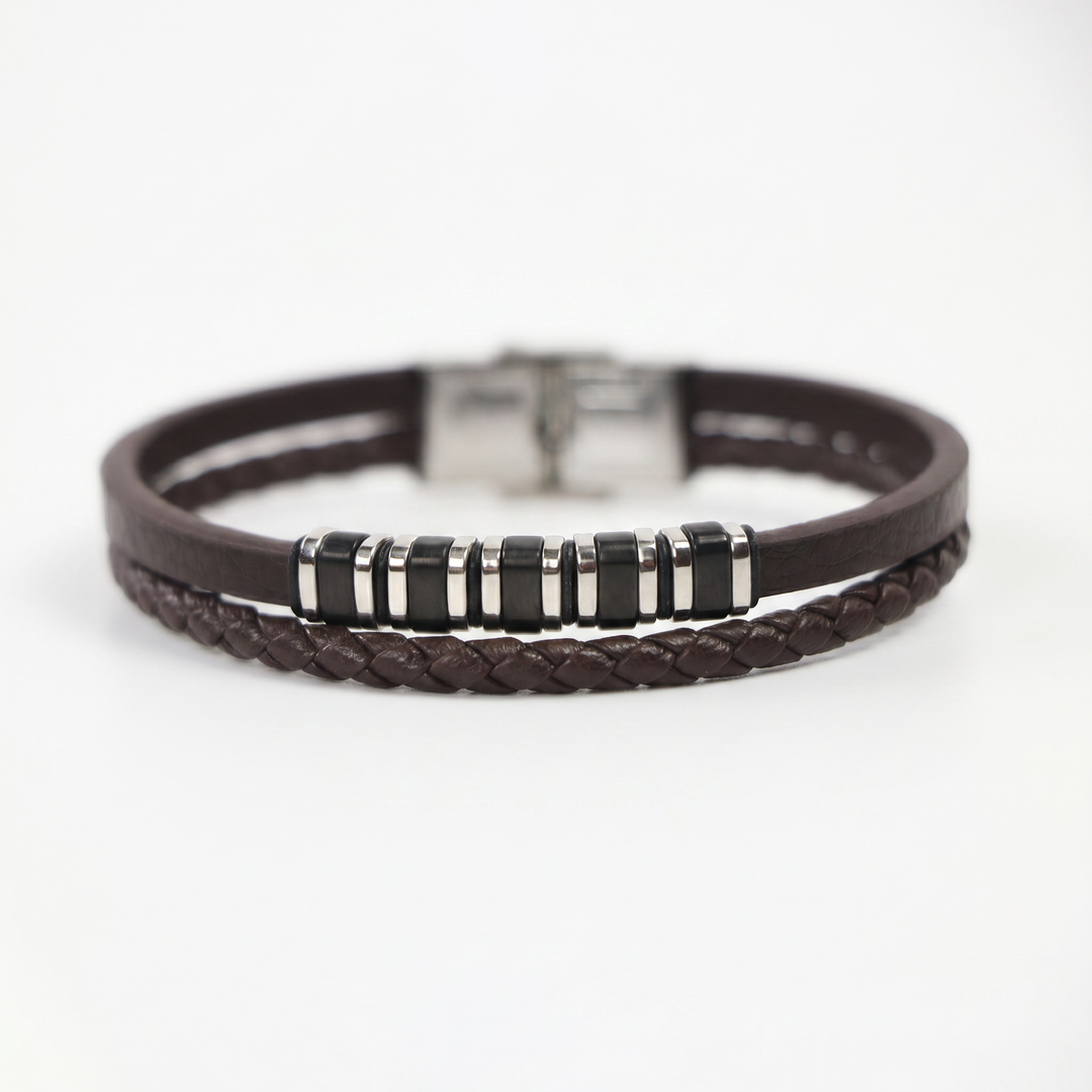 Delemon featuring a dual-strand brown leather bracelet with alternating silver and black metal ring