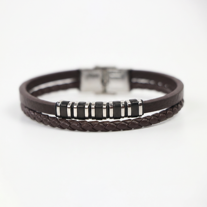 Delemon featuring a dual-strand brown leather bracelet with alternating silver and black metal ring