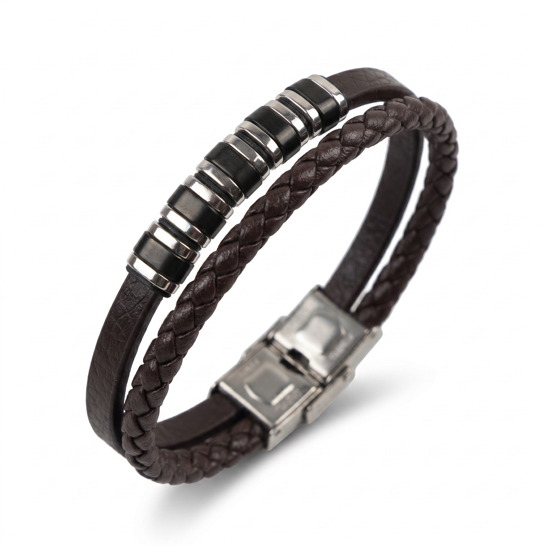 Delemon featuring a dual-strand brown leather bracelet with alternating silver and black metal ring