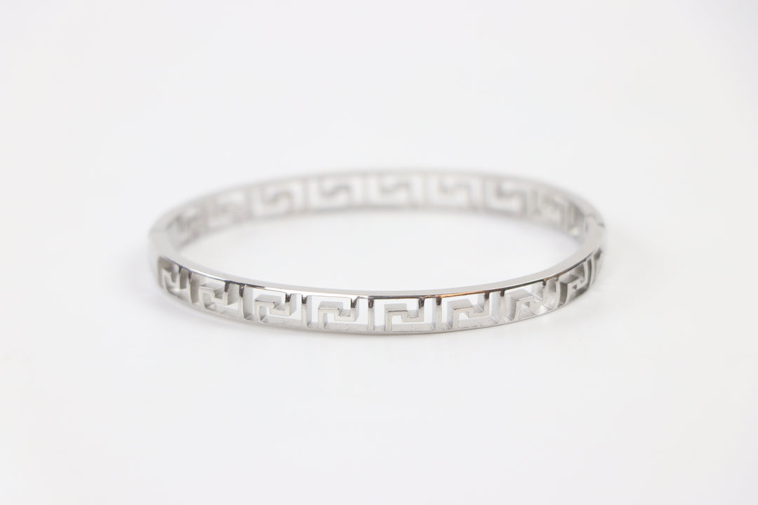 Delemon silver Athena Greek key cutout geometric openwork bangle bracelet in waterproof 316L stainless steel