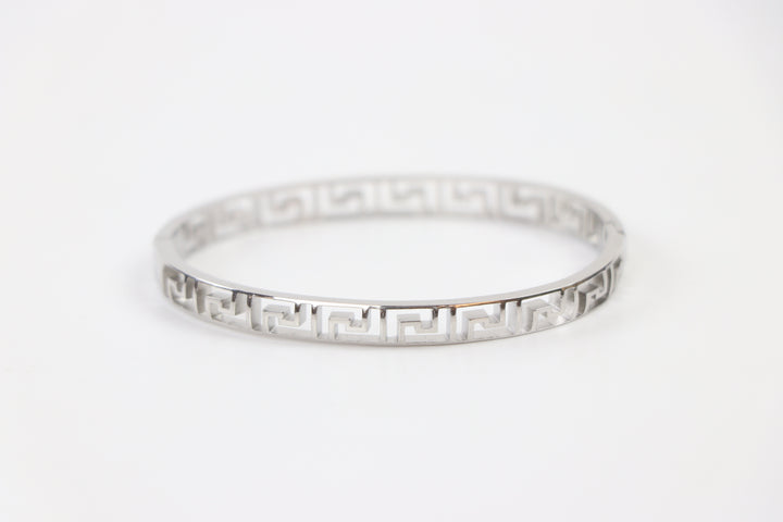 Delemon silver Athena Greek key cutout geometric openwork bangle bracelet in waterproof 316L stainless steel