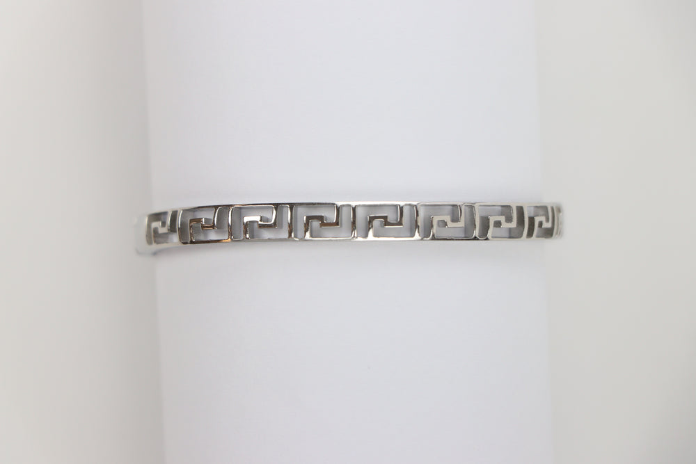 Delemon silver Athena Greek key cutout geometric openwork bangle bracelet in waterproof 316L stainless steel