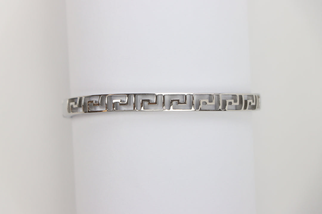 Delemon silver Athena Greek key cutout geometric openwork bangle bracelet in waterproof 316L stainless steel