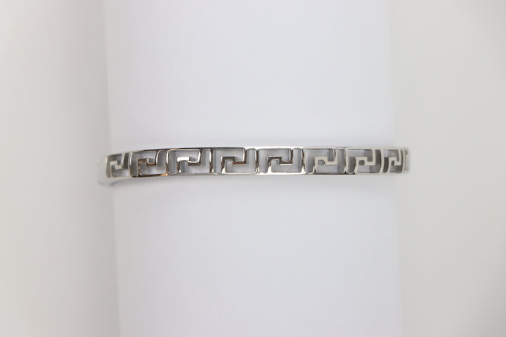 Delemon silver Athena Greek key cutout geometric openwork bangle bracelet in waterproof 316L stainless steel