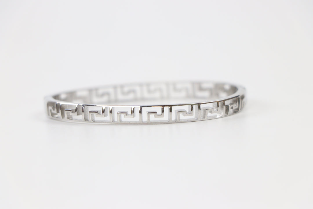 Delemon silver Athena Greek key cutout geometric openwork bangle bracelet in waterproof 316L stainless steel