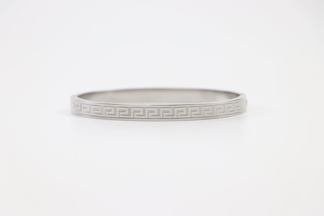 Delemon silver Greek key engraved geometric bangle bracelet in waterproof 316L stainless steel