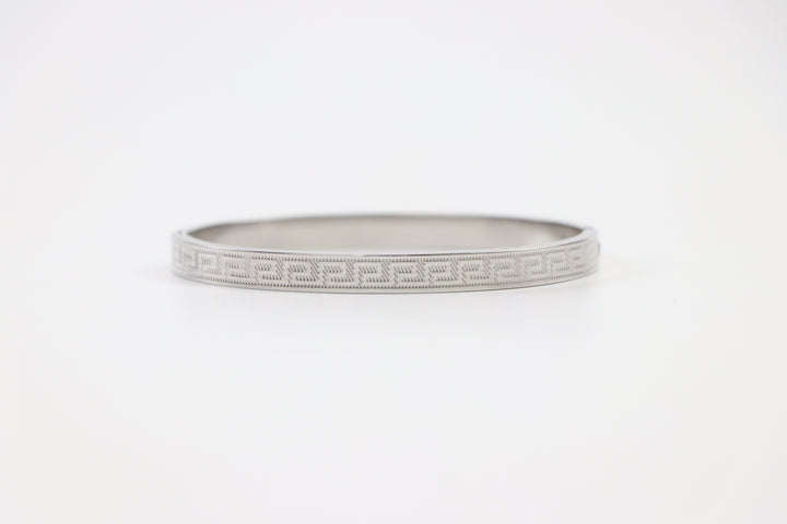 Delemon silver Greek key engraved geometric bangle bracelet in waterproof 316L stainless steel