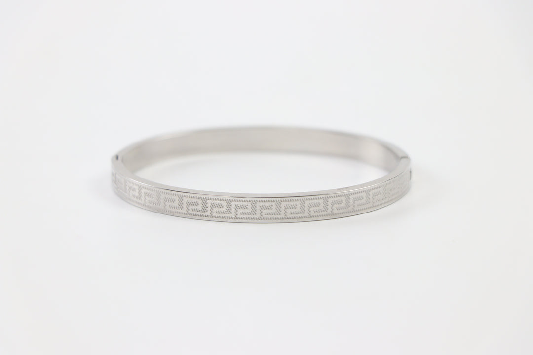 Delemon silver Greek key engraved geometric bangle bracelet in waterproof 316L stainless steel