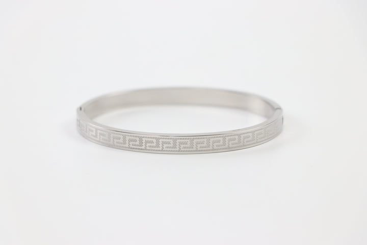 Delemon silver Greek key engraved geometric bangle bracelet in waterproof 316L stainless steel