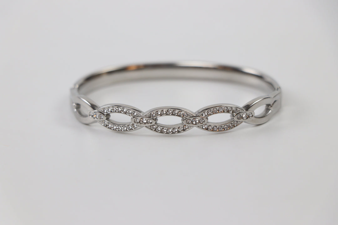 Delemon silver infinity loop open-work crystal bangle bracelet in waterproof 316L stainless steel