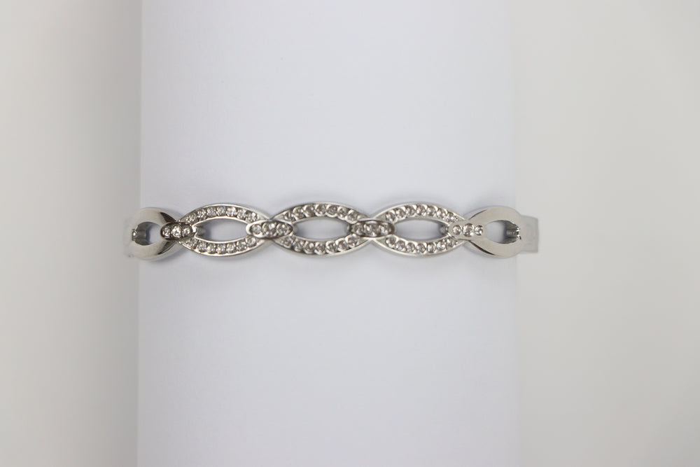 Delemon silver infinity loop open-work crystal bangle bracelet in waterproof 316L stainless steel