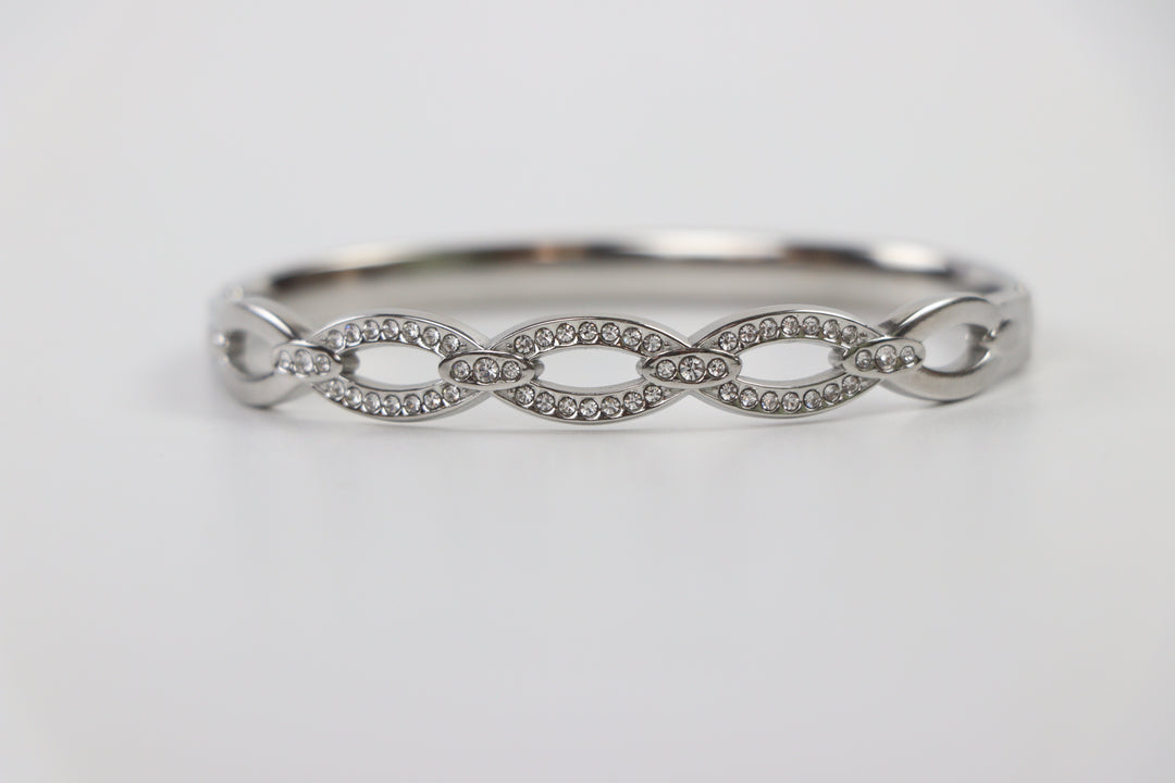 Delemon silver infinity loop open-work crystal bangle bracelet in waterproof 316L stainless steel