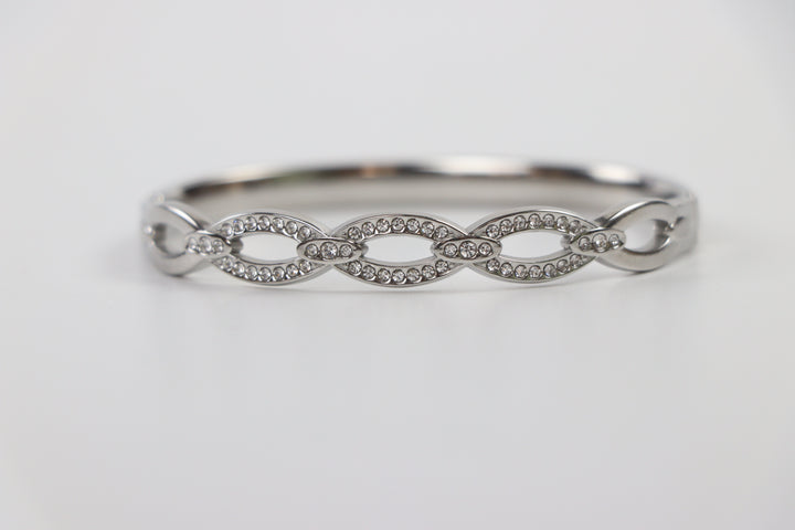 Delemon silver infinity loop open-work crystal bangle bracelet in waterproof 316L stainless steel
