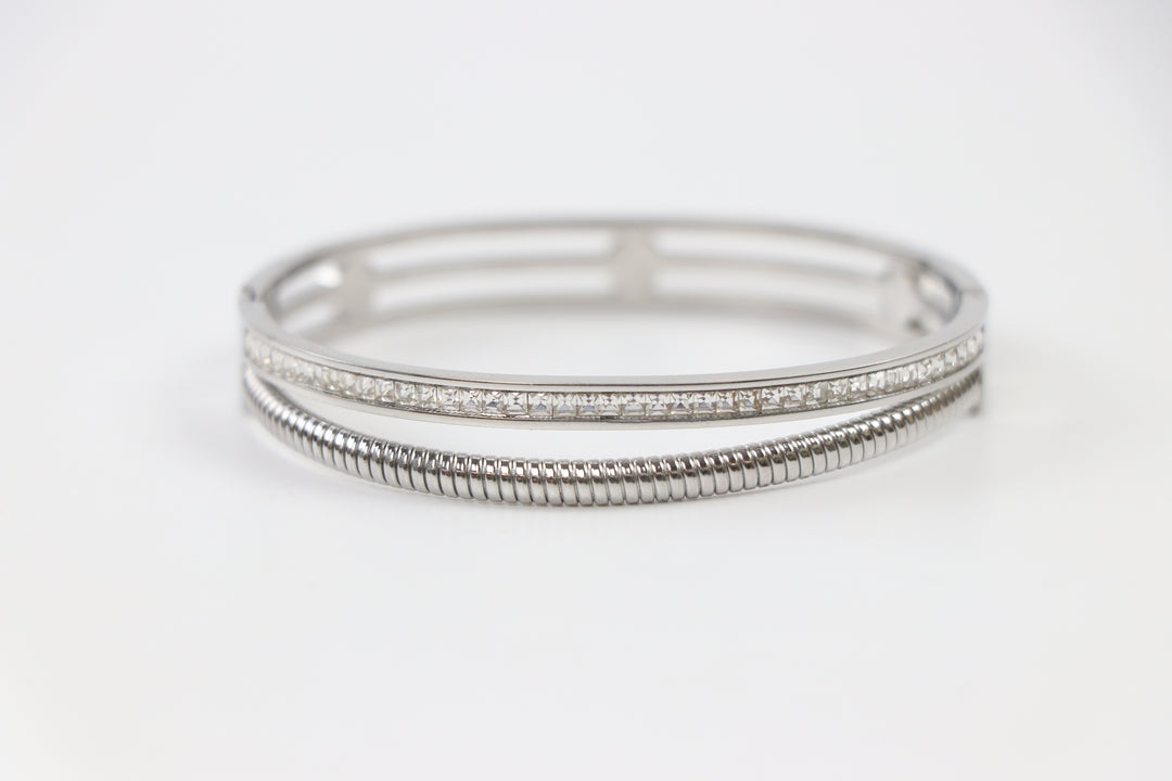 Delemon silver Milan double row layered bangle bracelet with channel-set crystals and a ribbed snake rope strand in waterproof 316L stainless steel