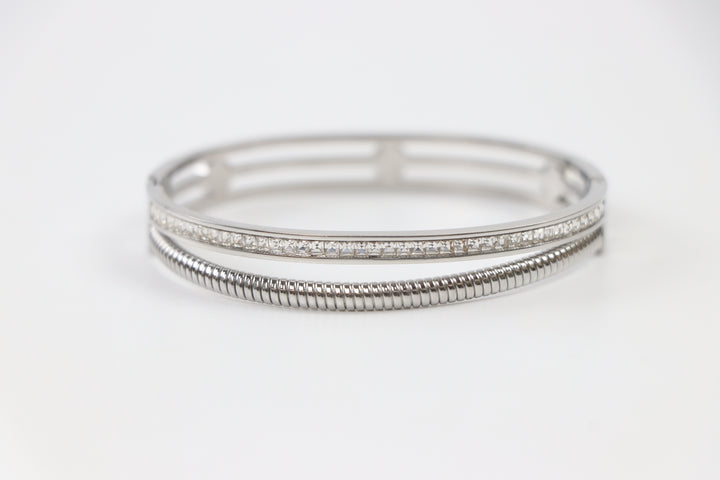 Delemon silver Milan double row layered bangle bracelet with channel-set crystals and a ribbed snake rope strand in waterproof 316L stainless steel