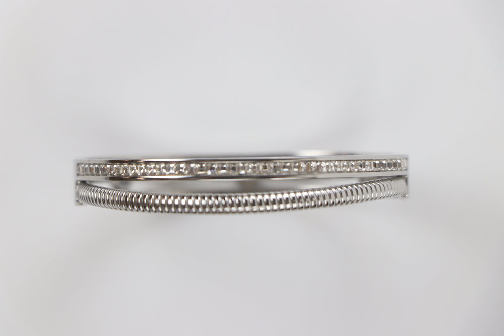 Delemon silver Milan double row layered bangle bracelet with channel-set crystals and a ribbed snake rope strand in waterproof 316L stainless steel