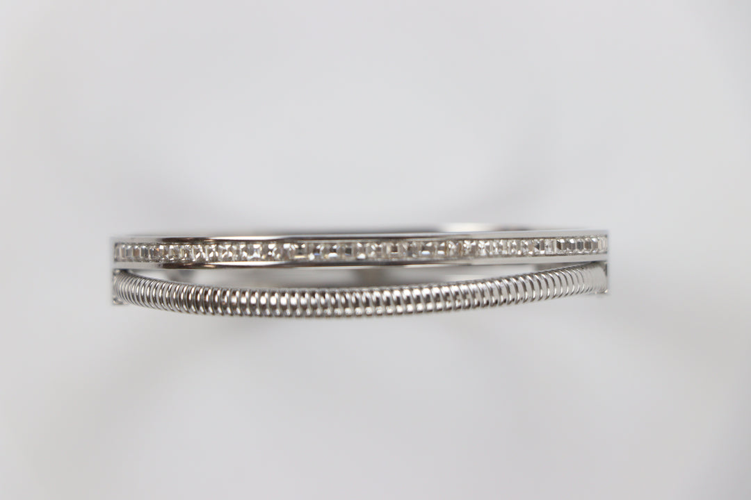 Delemon silver Milan double row layered bangle bracelet with channel-set crystals and a ribbed snake rope strand in waterproof 316L stainless steel
