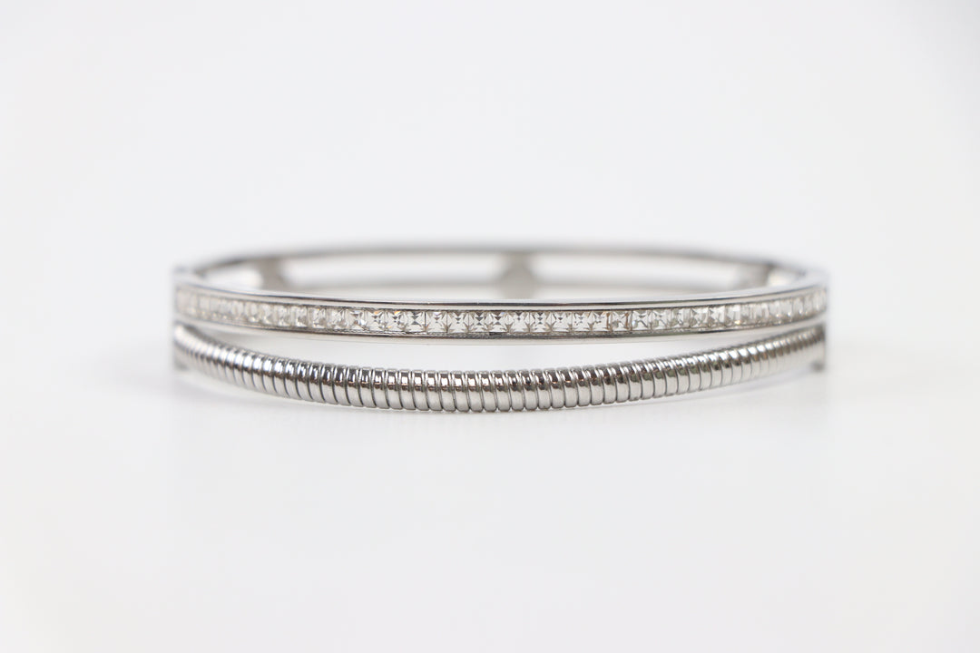 Delemon silver Milan double row layered bangle bracelet with channel-set crystals and a ribbed snake rope strand in waterproof 316L stainless steel