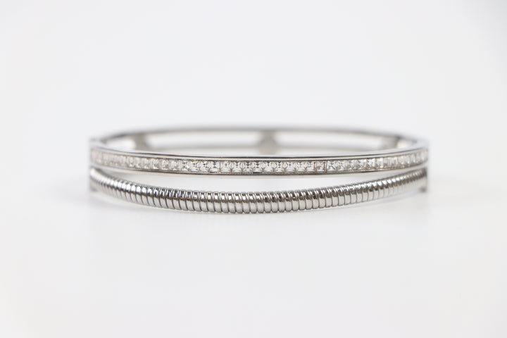 Delemon silver Milan double row layered bangle bracelet with channel-set crystals and a ribbed snake rope strand in waterproof 316L stainless steel