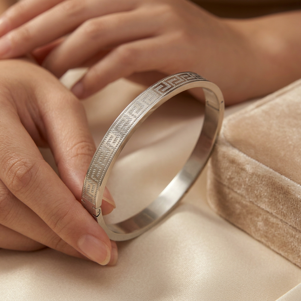 Greek Key Emblem Bangle – Anti-Tarnish Stainless Steel Bracelet