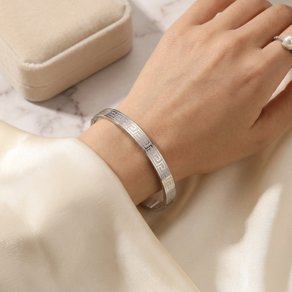 Greek Key Emblem Bangle – Anti-Tarnish Stainless Steel Bracelet