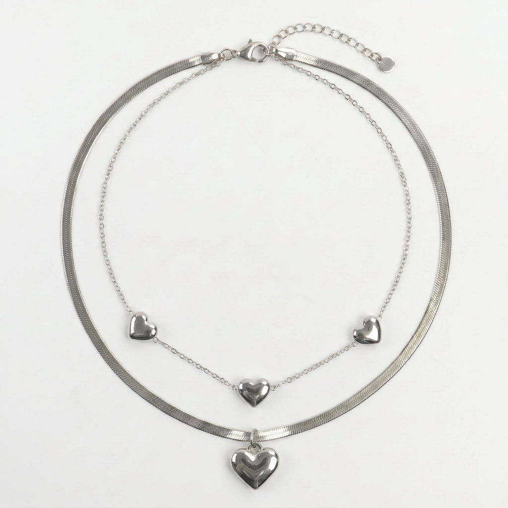 Delemon high-quality silver polished chain necklace featuring multiple delicate heart charms
