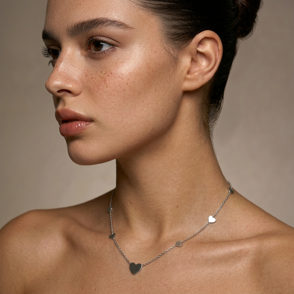 Delemon high-quality silver polished chain necklace featuring multiple delicate heart charms in a station design