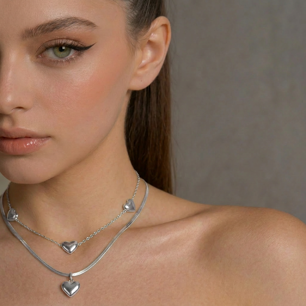 Delemon high-quality silver polished chain necklace featuring multiple delicate heart charms