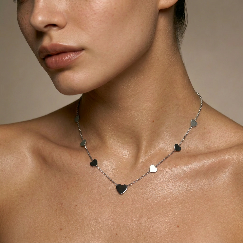 Delemon high-quality silver polished chain necklace featuring multiple delicate heart charms in a station design