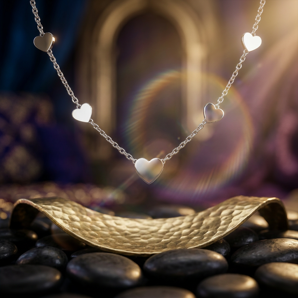 Delemon high-quality silver polished chain necklace featuring multiple delicate heart charms in a station design