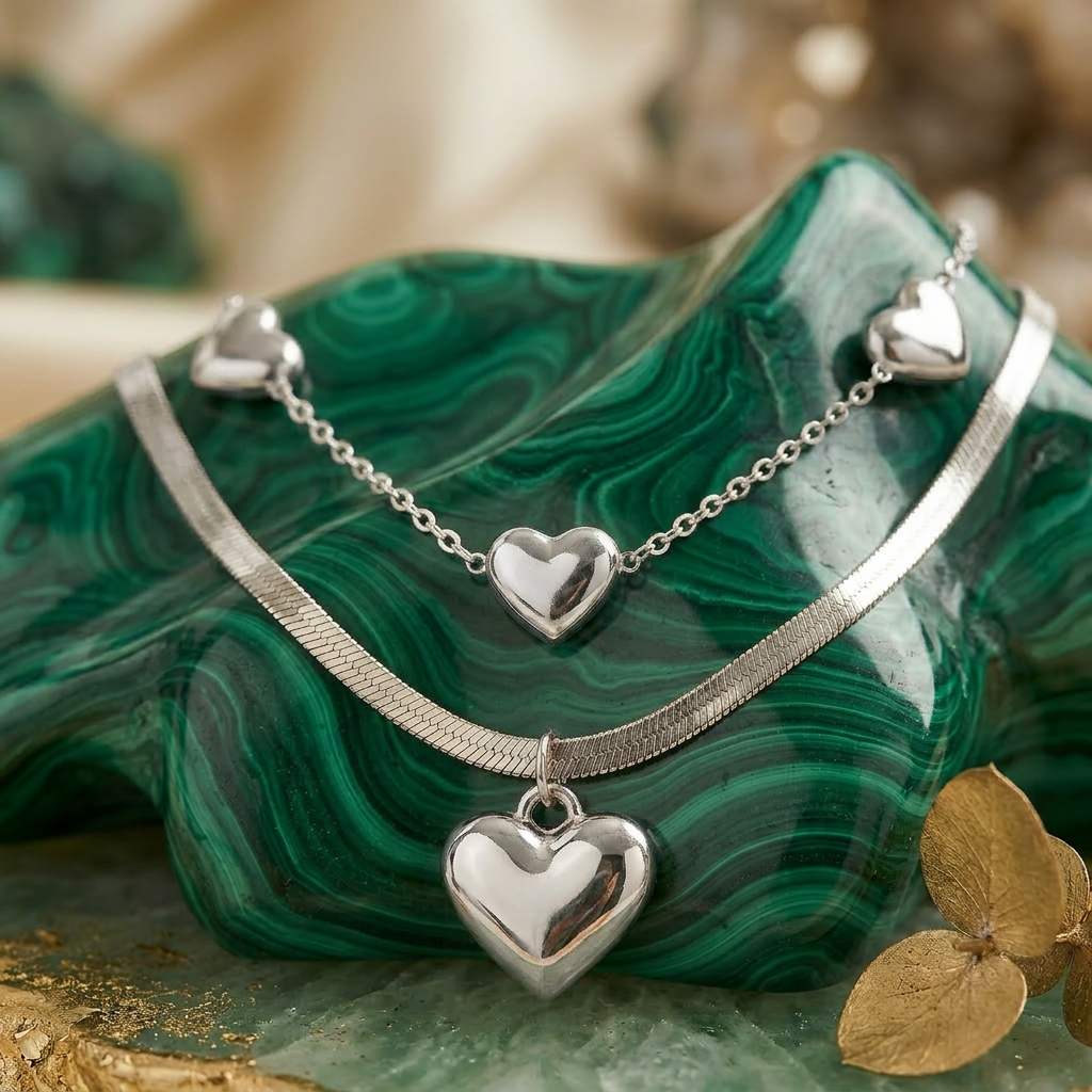 Delemon high-quality silver polished chain necklace featuring multiple delicate heart charms