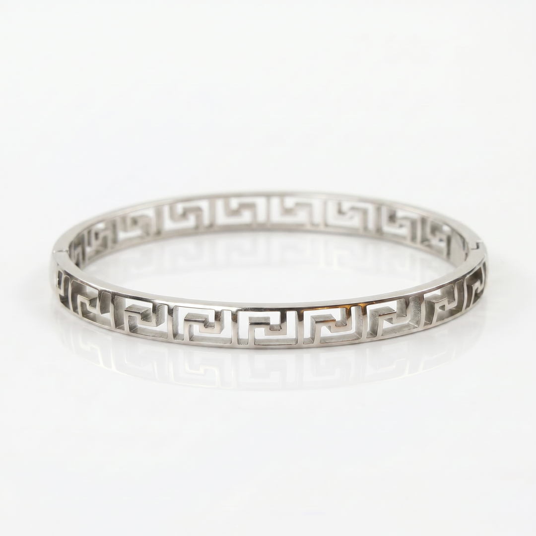 Delemon silver Athena Greek key cutout geometric openwork bangle bracelet in waterproof 316L stainless steel