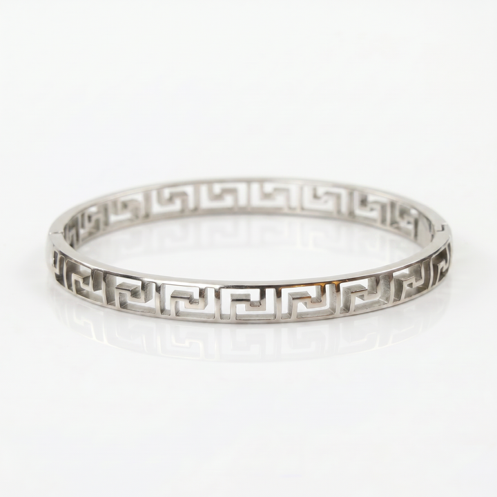 Delemon silver Athena Greek key cutout geometric openwork bangle bracelet in waterproof 316L stainless steel