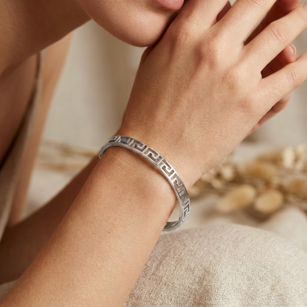 Delemon silver Athena Greek key cutout geometric openwork bangle bracelet in waterproof 316L stainless steel